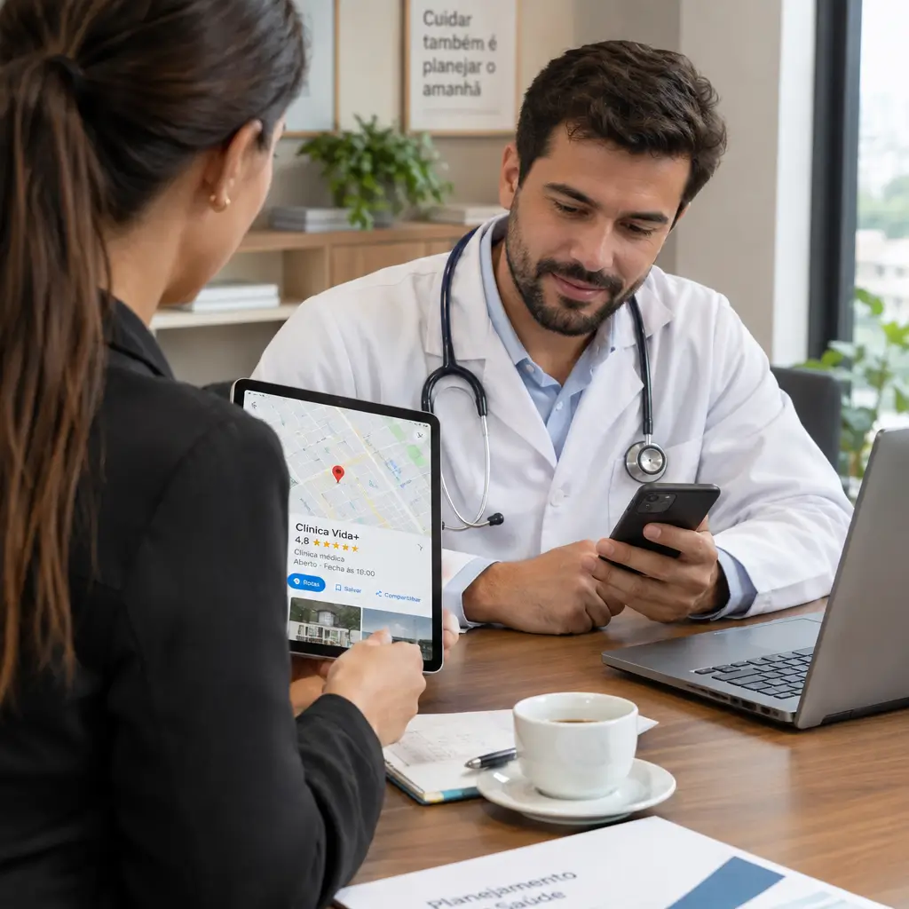Ilustração de um médico consultando o celular enquanto uma mulher mostra, em um tablet, o perfil de uma clínica no mapa do Google